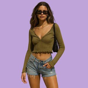 Urban Outfitters Olive Green Ribbed Long Sleeve Crop Top (Size M)